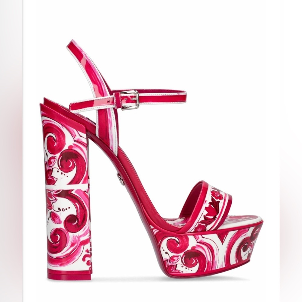 💯 Authentic DOLCE &GABBANA Keira Maiolica Leather Fuchsia &White Platform Sandal